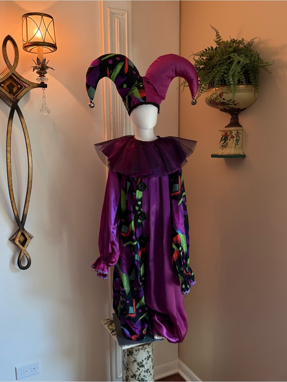 Vintage 1990s Handmade Jester Clown Halloween Costume Purple with Bell Hat